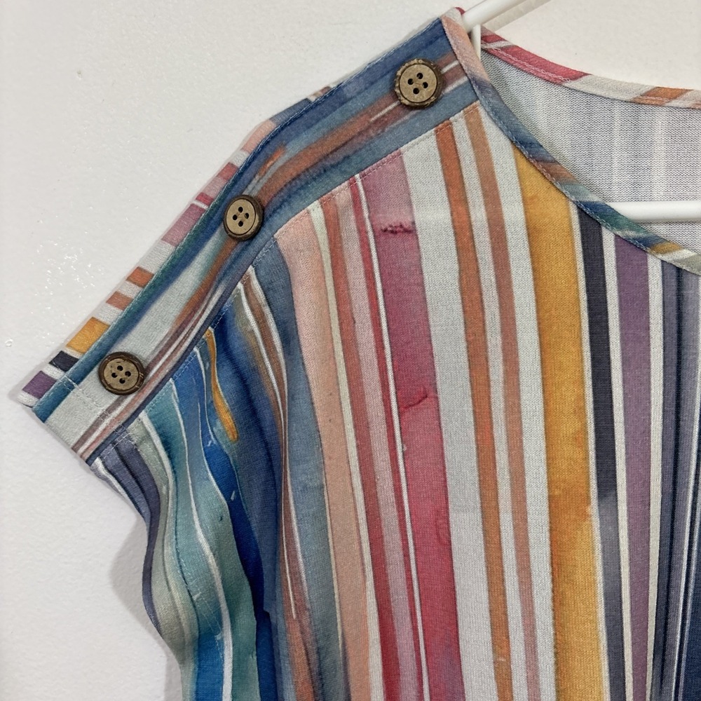 Soft Surroundings M Stripe Tee Shirt NWOT Button Pink Blue Coastal Brunch Casual - Picture 2 of 8